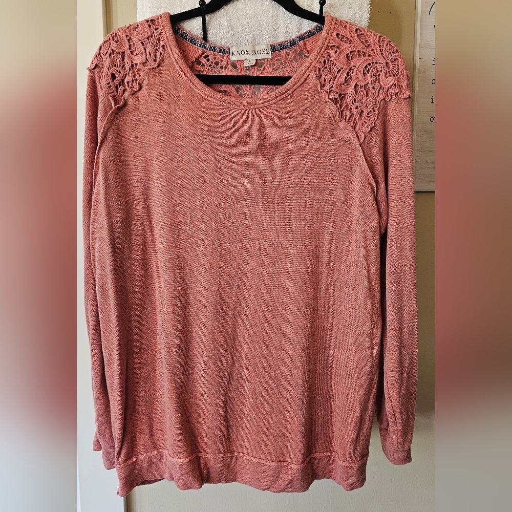 Knox Rose Women's Dusty Pink Lace Shoulder Sweatshirt